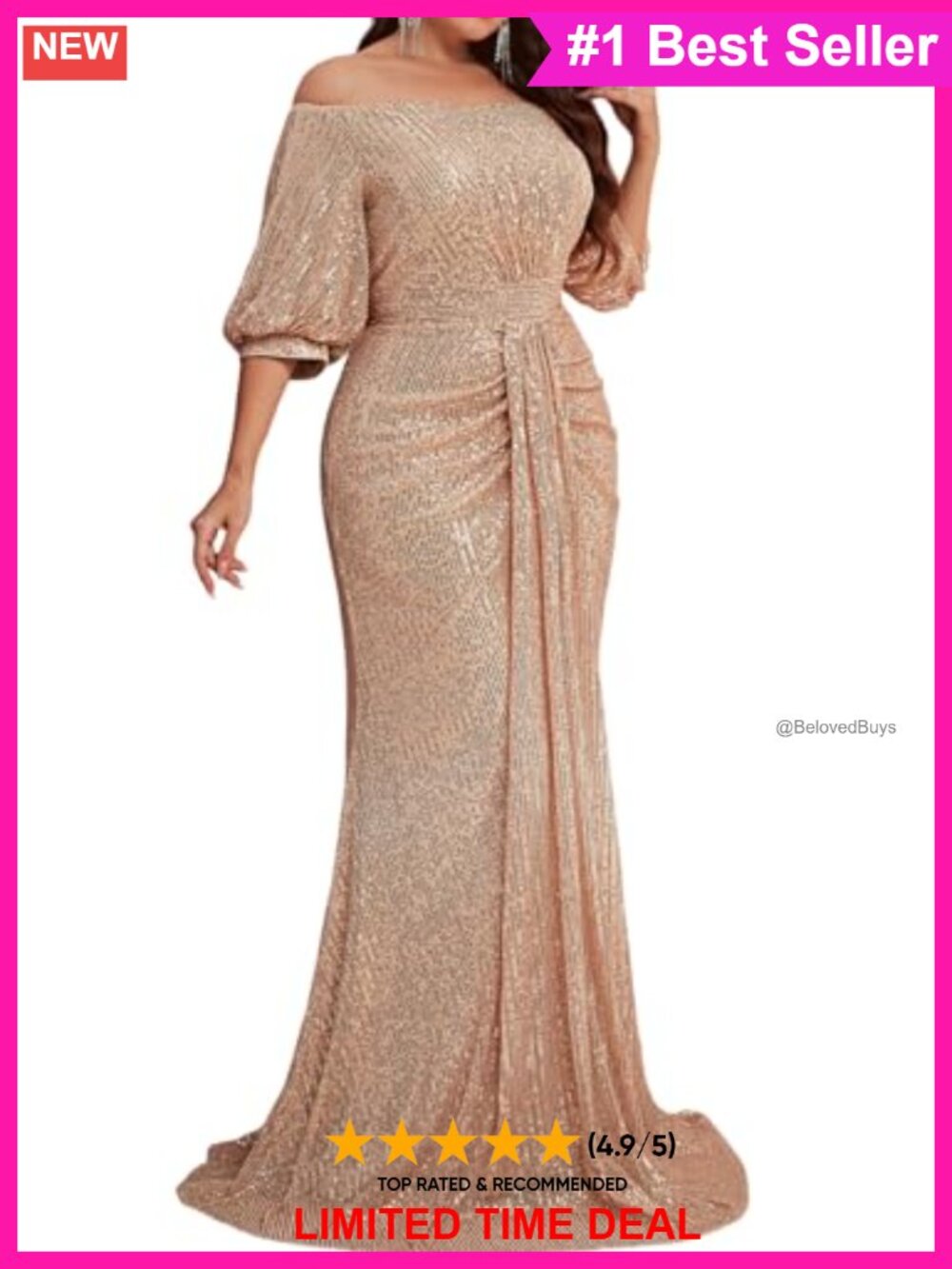 Plus Size Sequin Off Shoulder Formal Evening Gown Bubble Sleeves Party Dress